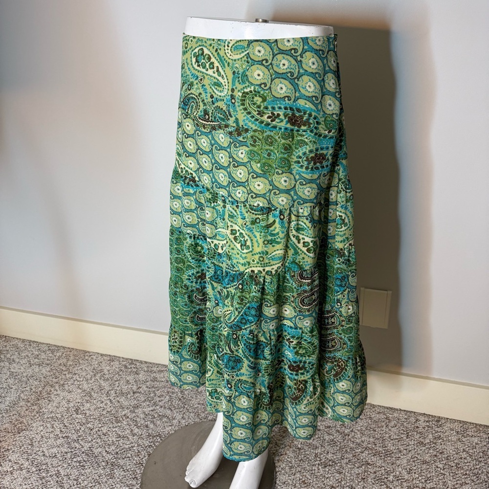EMMA JAMES Flowy Boho Maxi Skirt Paisley Earthy Summer Spring Sage Green Size 6 - Picture 8 of 11